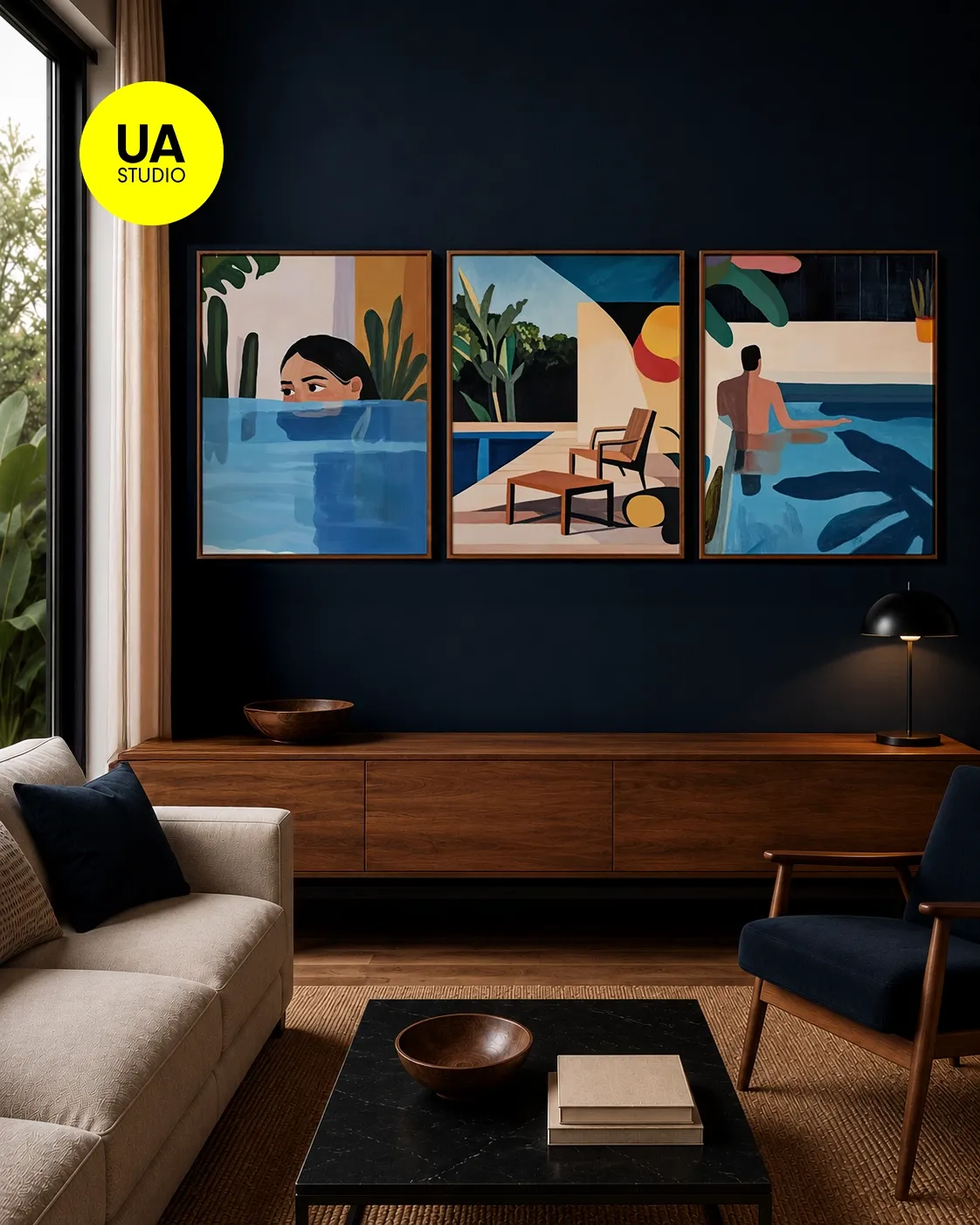KIT 3 QUADROS DECORATIVOS - MULHER E HOMEM NA PISCINA
